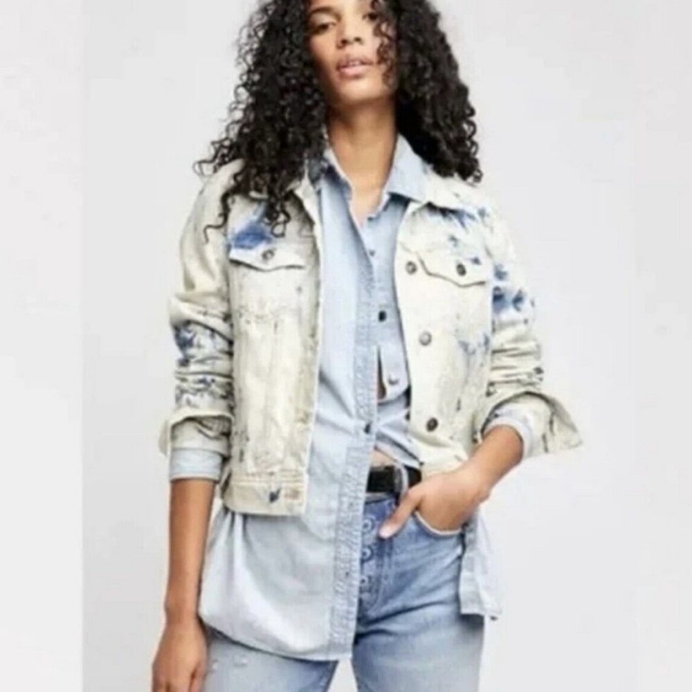 FREE PEOPLE Rumors Tie Dye Unique Semi-cropped Denim Jacket NWT XS